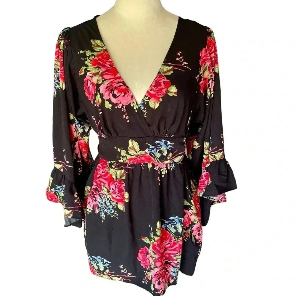 Betsey Johnson Floral Black Top Flutter Babydoll‎ Y2K Flutter Sleeves Women Sz M